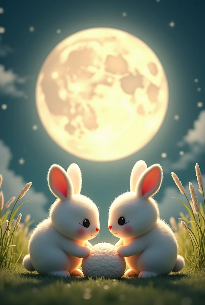 huge full moon, two kawaii rabbits pounding rice cakes, Japanese silver grass, shining light reproduced with shadows effects, delicate and dynamic textures, contrasts of light and shadow, 2.5D, artistic photography, hyper realistic, digital graphic CG, ultra detailed, absolutely resolution, best quality