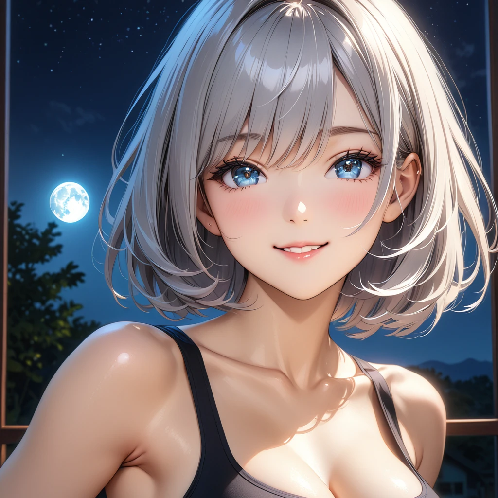 (masterpiece, best quality:1.2), cute, 32K, hdr, high details, perfect lighting, fractal art, shoot from distance, BREAK (shiny silver hair:1.2), (bob cut, bang between eyes, beautiful hair), (glossy silver eyes:1.5), (beautiful eyes, twinkle eyes, large eyes), (athlete body, slender, large breasts), cute face, beautiful face, pretty face, beautiful, best quality, good anatomy, long eyelashes, expressive eyes, Perfect Hands, perfecteyes, BREAK 1girl, (wearing yellow horseshoe-shaped hairband with yellow rabbit ears:1.2), (wearing (yellow lether jacket) and  yellow tight skirt), wearing yellow mules with thick soles, BREAK she looks back at the viewer as she walks toward the back, smile, (close left eye:1.5), BREAK (large window, midnight, dark sky, pale blue full moon)