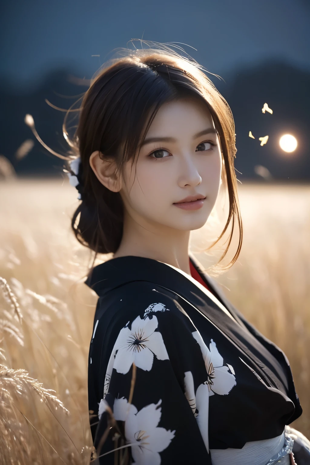 1 girl, (She is wearing a cute yukata:1.2), Very beautiful Japanese idol portraits, 
(RAW Photos, Best Quality), (Realistic, Realistic:1.4), (masterpiece), 
Very delicate and beautiful, Very detailed, 2k wallpaper, wonderful, finely, Very detailed CG Unity 8K wallpaper, Very detailed, High resolution, Soft Light, 
Beautiful detailed girl, Very detailed目と顔, Beautiful and sophisticated nose, Beautiful beautiful eyes, Cinema Lighting, 
(Standing in a field of silver grass on a moonlit night:1.3), (Big Moon), (月明かりに浮かぶ少女のwhole bodyのシルエット), (Dark screen at night:1.5), 
(Medium Hair), (Hair fluttering in the wind), (whole body), 
Perfect Anatomy, Slender body, Small breasts