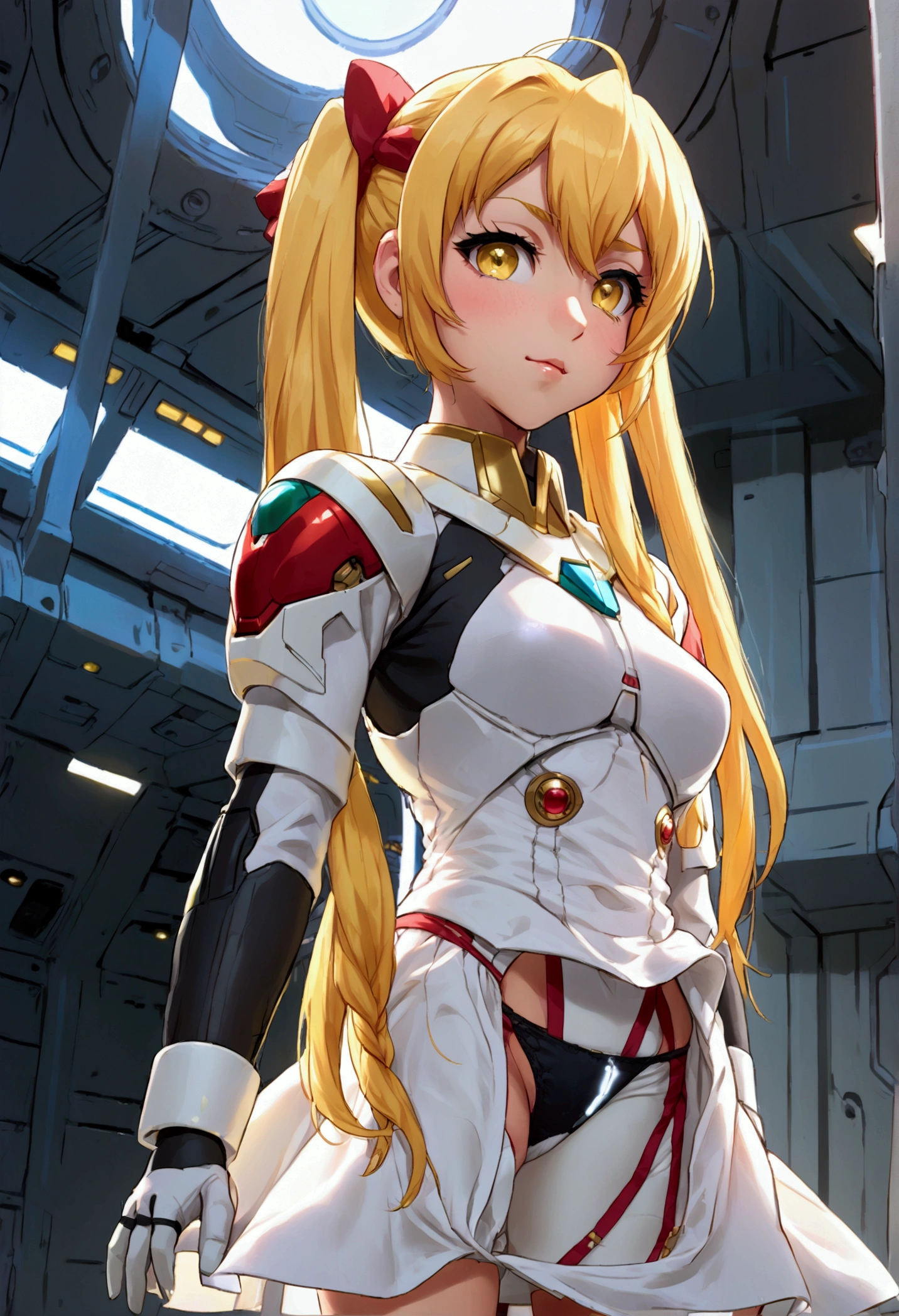 a beautiful detailed portrait of Kudelia Aina Bernstein from Gundam IBO, (Kudelia Aina Bernstein), (wide angle:1.27), (full length portrait:1.37), thigh length yellow hair in a single braid, contrapposto pose, viewing from slightly below, excited facial expression, wearing white formal gown, dress lifted, revealing tight white thigh high boots, glimpse of red thong underneath, round hips, highly detailed, intricate details, cinematic lighting, spaceship hangar Bay interior, BREAK: skirt lift, lifted by self, ballgown, cumip, cum, cum in panties, idropmypanty 