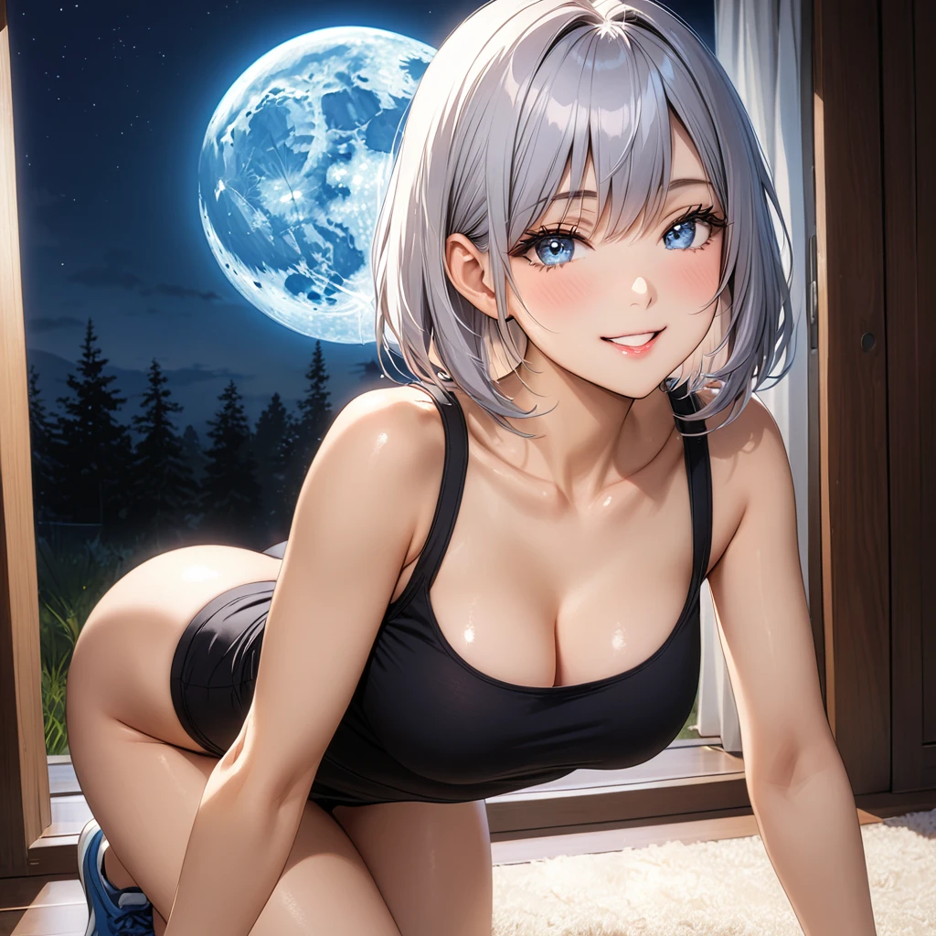 (masterpiece, best quality:1.2), cute, 32K, hdr, high details, perfect lighting, full body, BREAK (shiny silver hair:1.2), (bob cut, bang between eyes, beautiful hair), (glossy silver eyes:1.5), (beautiful eyes, twinkle eyes, large eyes), (athlete body, slender, large breasts), cute face, beautiful face, pretty face, beautiful, best quality, good anatomy, long eyelashes, expressive eyes, Perfect Hands, perfecteyes, BREAK 1girl, (wearing yellow horseshoe-shaped hairband with yellow rabbit ears:1.5), (wearing yellow lether jacket) and yellow tight skirt), wearing yellow mules with thick soles, BREAK she looks back at the viewer as she walks toward the back, smile, (close left eye:1.5), BREAK (large window, midnight, dark sky, pale blue full moon), squatting,