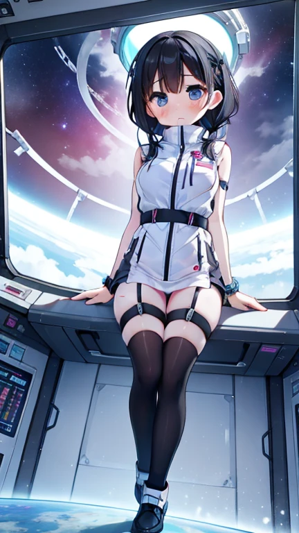 (Best Quality), (masterpiece), 1080P, High resolution, 4K, 8k, Inside the space station、Futuristic room、Thigh straps, Shooting from directly below, The woman on top of me, 白いsweat, Covered , sweat, Woman looking down, Skirt swimsuit, Thigh-high socks, To achieve this, , , whole body, Black leather shoes, Braided Hair, Inner Color, Embarrassed face, Short black hair, bracelet, bedroom,celestial body_vest
