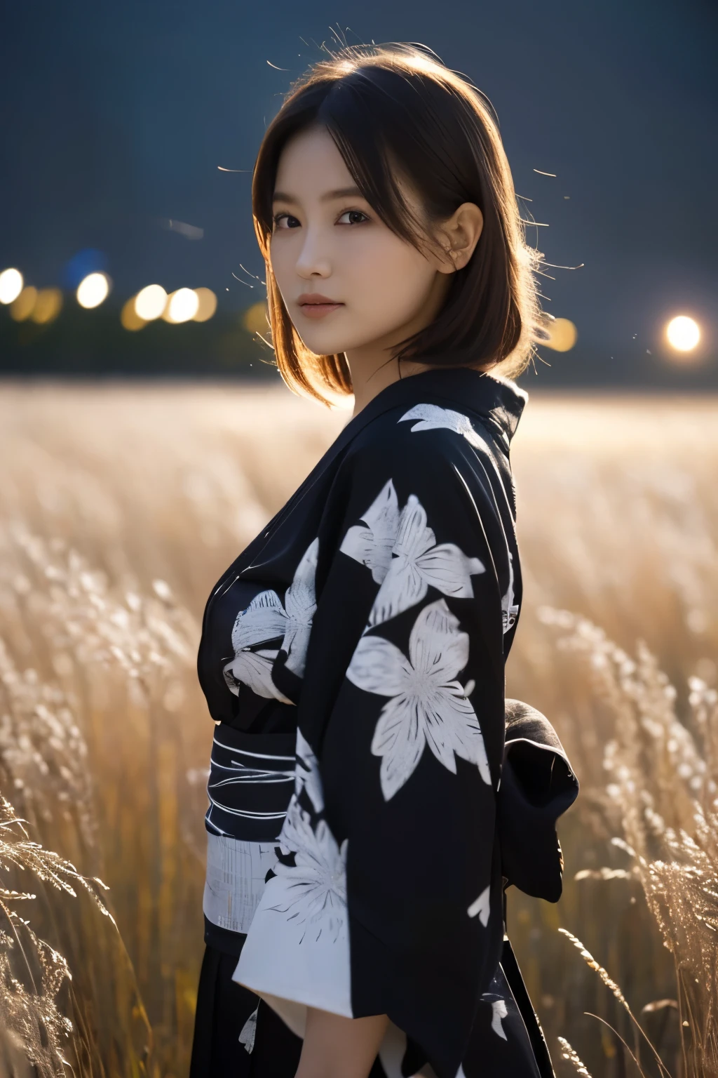 1 girl, (She is wearing a cute yukata:1.2), Very beautiful Japanese idol portraits, 
(RAW Photos, Best Quality), (Realistic, Realistic:1.4), (masterpiece), 
Very delicate and beautiful, Very detailed, 2k wallpaper, wonderful, finely, Very detailed CG Unity 8K wallpaper, Very detailed, High resolution, Soft Light, 
Beautiful detailed girl, Very detailed目と顔, Beautiful and sophisticated nose, Beautiful beautiful eyes, Cinema Lighting, 
(Standing in a field of silver grass on a moonlit night:1.3), (Big Moon), (月明かりに浮かぶ少女のwhole bodyのシルエット), (Dark screen at night:1.5), 
(Medium Hair), (Hair blowing in the wind), (whole body), 
Perfect Anatomy, Slender body, Small breasts