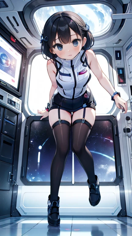 (Best Quality), (masterpiece), 1080P, High resolution, 4K, 8k, Inside the space station、Futuristic room、Thigh straps, Shooting from directly below, The woman on top of me, 白いsweat, Covered , sweat, Woman looking down, Skirt swimsuit, Thigh-high socks, To achieve this, , , whole body, Black leather shoes, Braided Hair, Inner Color, Embarrassed face, Short black hair, bracelet, bedroom,celestial body_vest
