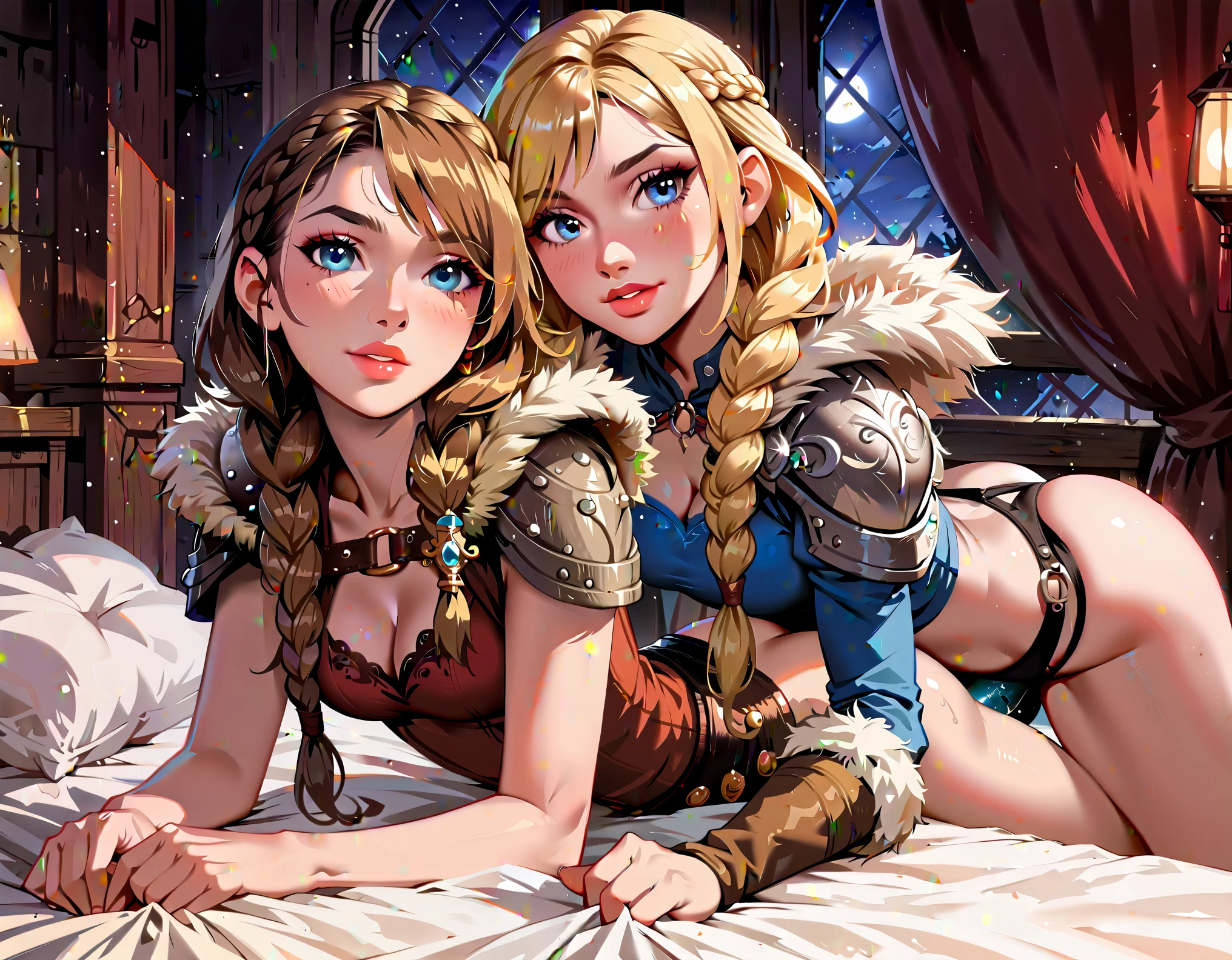 Dark Fantasy Art of score_9, score_8_up, score_7_up, rating_explicit, BREAK fantasy, lighting, epiCPhoto 2girls, duo, couple, yuri, BREAK very sexy (ASTRIDHOFFERSON, blonde hair, braid, Long hair, blue eyes, fur trim, shoulder armor, armor, pauldron:1.2), cleavage, BREAK very sexy (Anna, brown hair, braided pigtails:1.3), cleavage, BREAK flirt, gaze, sexy look, half-closed eyes, head tilt, filled lips, thick lips, makeup, BREAK (doggystyle, strap-on sex, penetrtion:1.4), modelling shoot, in bed, laying together, BREAK dark, moody, dark fantasy style, (midnight, moonless night:1.1).