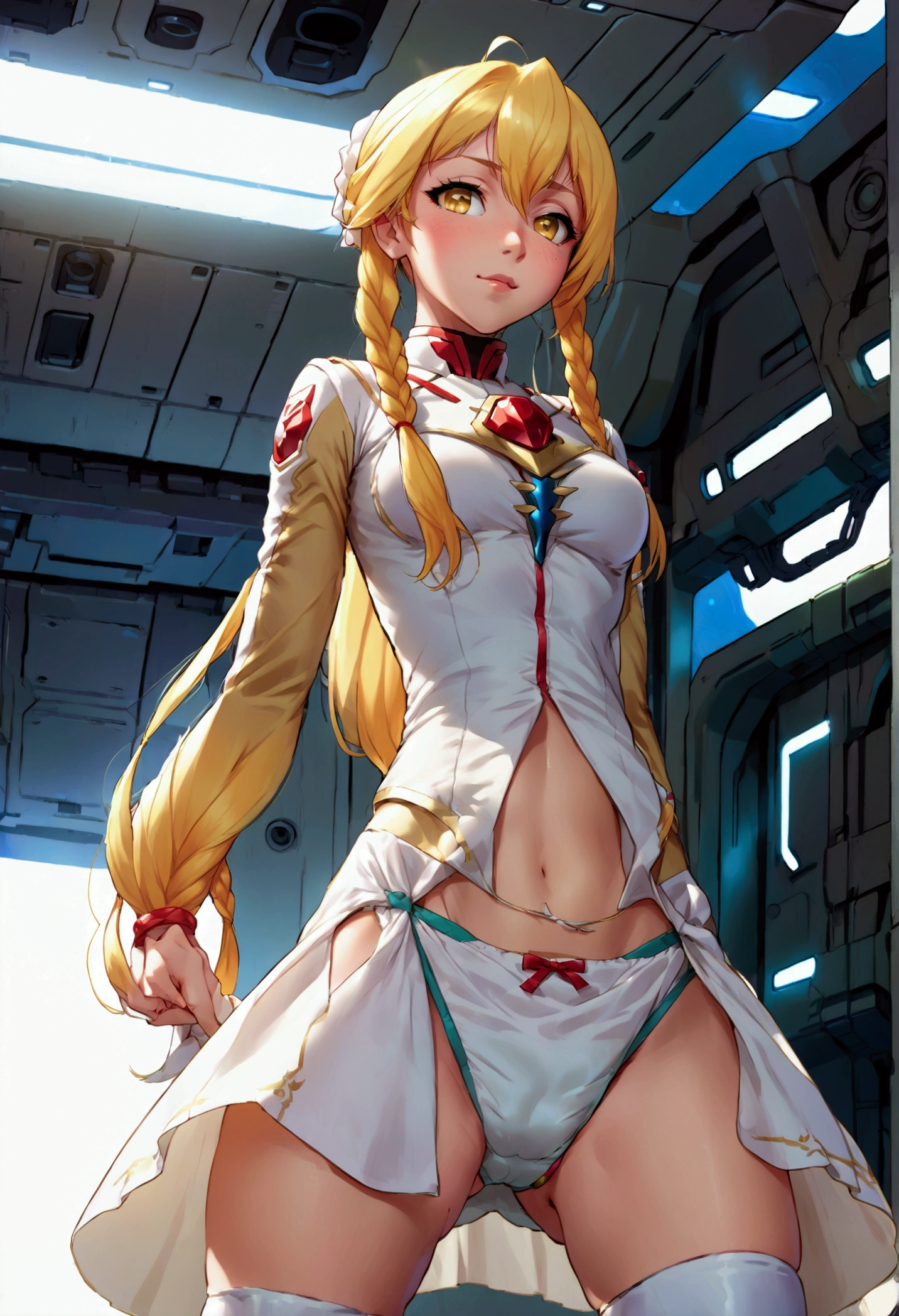 a beautiful detailed portrait of Kudelia Aina Bernstein from Gundam IBO, (Kudelia Aina Bernstein), (wide angle:1.27), (full length portrait:1.37), thigh length yellow hair in a single braid, contrapposto pose, viewing from slightly below, excited facial expression, wearing white formal gown, dress lifted, revealing tight white thigh high boots, glimpse of red thong underneath, round hips, highly detailed, intricate details, cinematic lighting, spaceship hangar Bay interior, BREAK: skirt lift, lifted by self, ballgown, cumip, cum, cum in panties, idropmypanty 