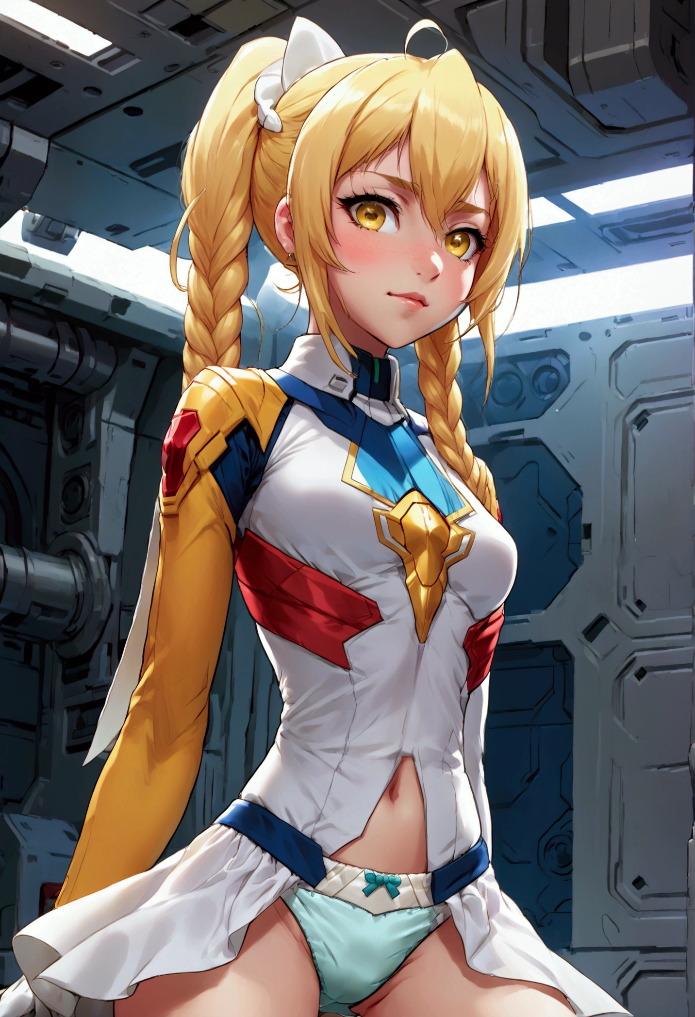 a beautiful detailed portrait of Kudelia Aina Bernstein from Gundam IBO, (Kudelia Aina Bernstein), (wide angle:1.27), (full length portrait:1.37), thigh length yellow hair in a single braid, contrapposto pose, viewing from slightly below, excited facial expression, wearing white formal gown, dress lifted, revealing tight white thigh high boots, glimpse of red thong underneath, round hips, highly detailed, intricate details, cinematic lighting, spaceship hangar Bay interior, BREAK: skirt lift, lifted by self, ballgown, cumip, cum, cum in panties, idropmypanty 