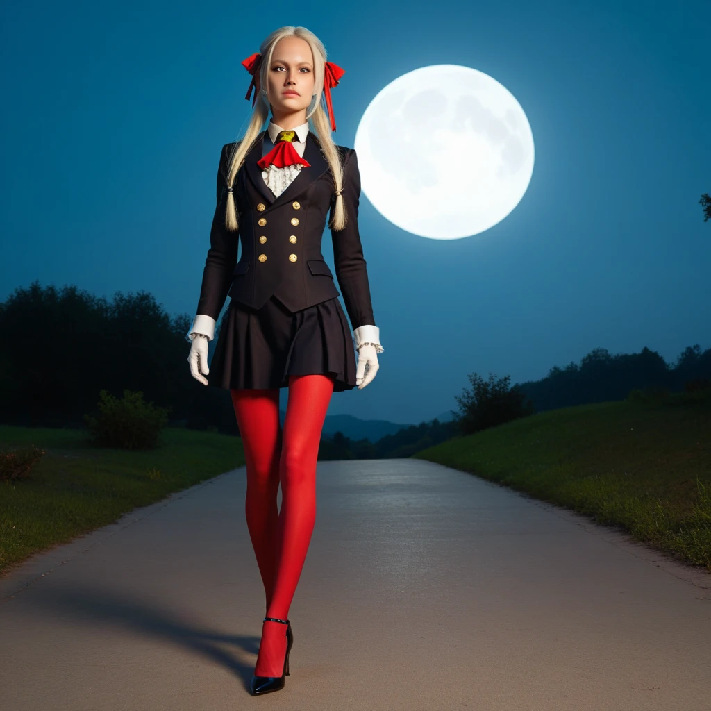 photo of  edelgard_academy, hair ribbon, black jacket, black dress, ascot, red pantyhose, white gloves, high heels, walking on battlefield, moonligth, full moon, young, teen, (skinny), small , petite, 1 girl, (((3d, video game))),masterpiece, best quality, intricate details, 8k uhd, perfect face, perfect eyes