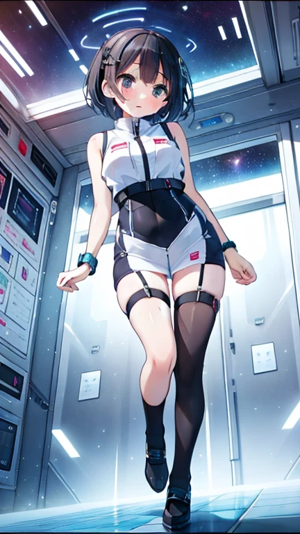 (Best Quality), (masterpiece), 1080P, High resolution, 4K, 8k, Inside the space station、Futuristic room、Thigh straps, Shooting from directly below, The woman on top of me, 白いsweat, Covered , sweat, Woman looking down, Skirt swimsuit, Thigh-high socks, To achieve this, , , whole body, Black leather shoes, Braided Hair, Inner Color, Embarrassed face, Short black hair, bracelet, bedroom,celestial body_vest
