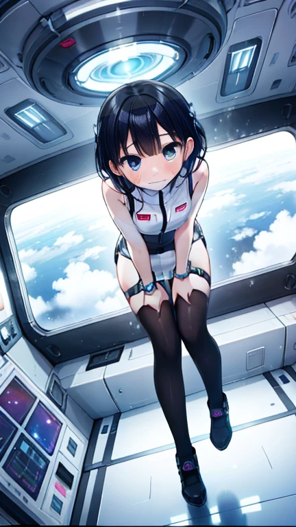 (Best Quality), (masterpiece), 1080P, High resolution, 4K, 8k, Inside the space station、Futuristic room、Thigh straps, Shooting from directly below, The woman on top of me, 白いsweat, Covered , sweat, Woman looking down, Skirt swimsuit, Thigh-high socks, To achieve this, , , whole body, Black leather shoes, Braided Hair, Inner Color, Embarrassed face, Short black hair, bracelet, bedroom,celestial body_vest
