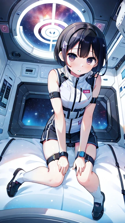 (Best Quality), (masterpiece), 1080P, High resolution, 4K, 8k, Inside the space station、Futuristic room、Thigh straps, Shooting from directly below, The woman on top of me, 白いsweat, Covered , sweat, Woman looking down, Skirt swimsuit, Thigh-high socks, To achieve this, , , whole body, Black leather shoes, Braided Hair, Inner Color, Embarrassed face, Short black hair, bracelet, bedroom,celestial body_vest
