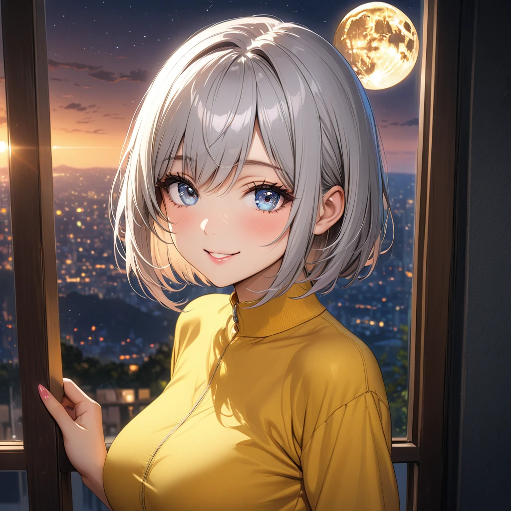 (masterpiece, best quality:1.2), cute, 32K, hdr, high details, perfect lighting, full body, BREAK (shiny silver hair:1.2), (bob cut, bang between eyes, beautiful hair), (glossy silver eyes:1.5), (beautiful eyes, twinkle eyes, large eyes), (athlete body, slender, large breasts), cute face, beautiful face, pretty face, beautiful, best quality, good anatomy, long eyelashes, expressive eyes, Perfect Hands, perfecteyes, BREAK 1girl, (wearing yellow horseshoe-shaped hairband with yellow rabbit ears:1.5), (wearing yellow leather jacket and yellow tight skirt), wearing yellow mules with thick soles, BREAK she looks back at the viewer as she walks toward the back, smile, (close left eye:1.5), BREAK (large window, midnight, dark sky, full moon),