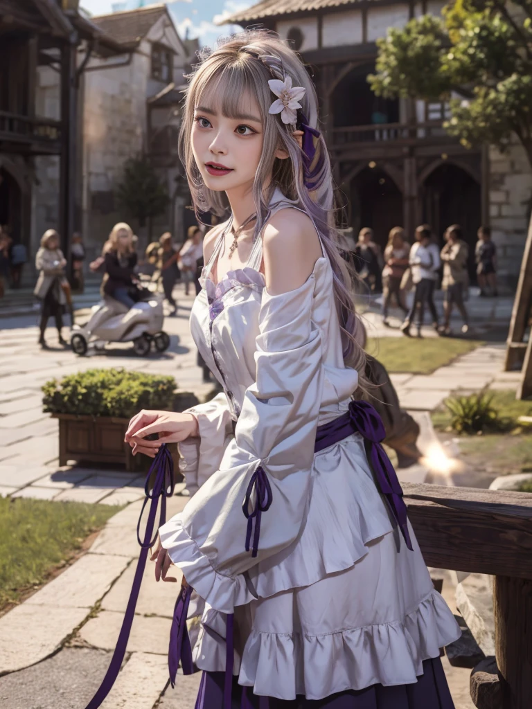 Best Quality、High resolution、Ultra-detailed、8k, Emilia、Emilia Masterpiece、Best Quality, In the castle courtyard, Bans, Clothes are white, 長いsleevemouth, just_shoulder, dull_前hair, Blurred, Blurred_background, Blurred_prospect, blush, Braids, chestout, huge breats,sexy body,chestの谷間, Closed_mouth, cloud, crown_Braiding, Tag, Depth_In_Field, Independent_sleeve, dress, Emilia_\(Again:Stay Night\), eyebrows_appear_Through_hair, flower柄, Precious stones, hair_flower, hair_Decorations have been removed, hair_ribbon, lens_Flare, length_hair, look up_in_Viewers, low_length_hair, Medium_chest, One_eye_Closed, Plein Air, Pleats_skirt, Spiky_ear, Purple_eye, Purple_ribbon, ribbon, silver_hair, skirtの, null, Laughter, solo, very_length_hair, white_flower