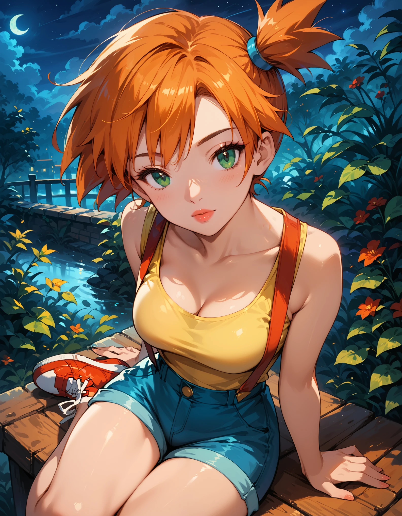 Dark Fantasy Art of score_9, score_8_up, score_7_up, rating_questionable, fantasy, lighting, epiCPhoto 1girl, mature woman, very sexy (Misty_Pokemon), (short hair, orange hair, one side up hair, green eyes, medium breasts, skinny),cleavage, (yellow t-shirt, tight sleeveless t-shirt, red suspenders:1.3), blue shorts, red sneakers, solo, cute, flirt, gaze, sexy look, half-closed eyes, head tilt, filled lips, thick lips, makeup, face portrait, modelling shoot, sexy pose, sitting, knees bent, fantasy rooftop setting, dark, moody, dark fantasy style, (night, moonless night:1.2), high angle.