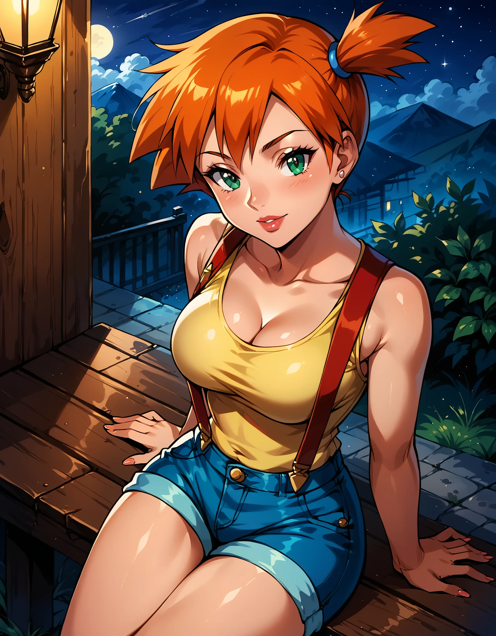 Dark Fantasy Art of score_9, score_8_up, score_7_up, rating_questionable, fantasy, lighting, epiCPhoto BREAK 1girl, mature woman, very sexy (Misty_Pokemon), (short hair, orange hair, one side up hair, green eyes, medium breasts, skinny), BREAK cleavage, (yellow t-shirt, tight sleeveless t-shirt, red suspenders:1.3), blue shorts, red sneakers, BREAK solo, cute, flirt, gaze, sexy look, half-closed eyes, head tilt, filled lips, thick lips, makeup, BREAK face portrait, modelling shoot, sexy pose, sitting, knees bent, fantasy rooftop setting, BREAK dark, moody, dark fantasy style, (night, moonless night:1.2), high angle.