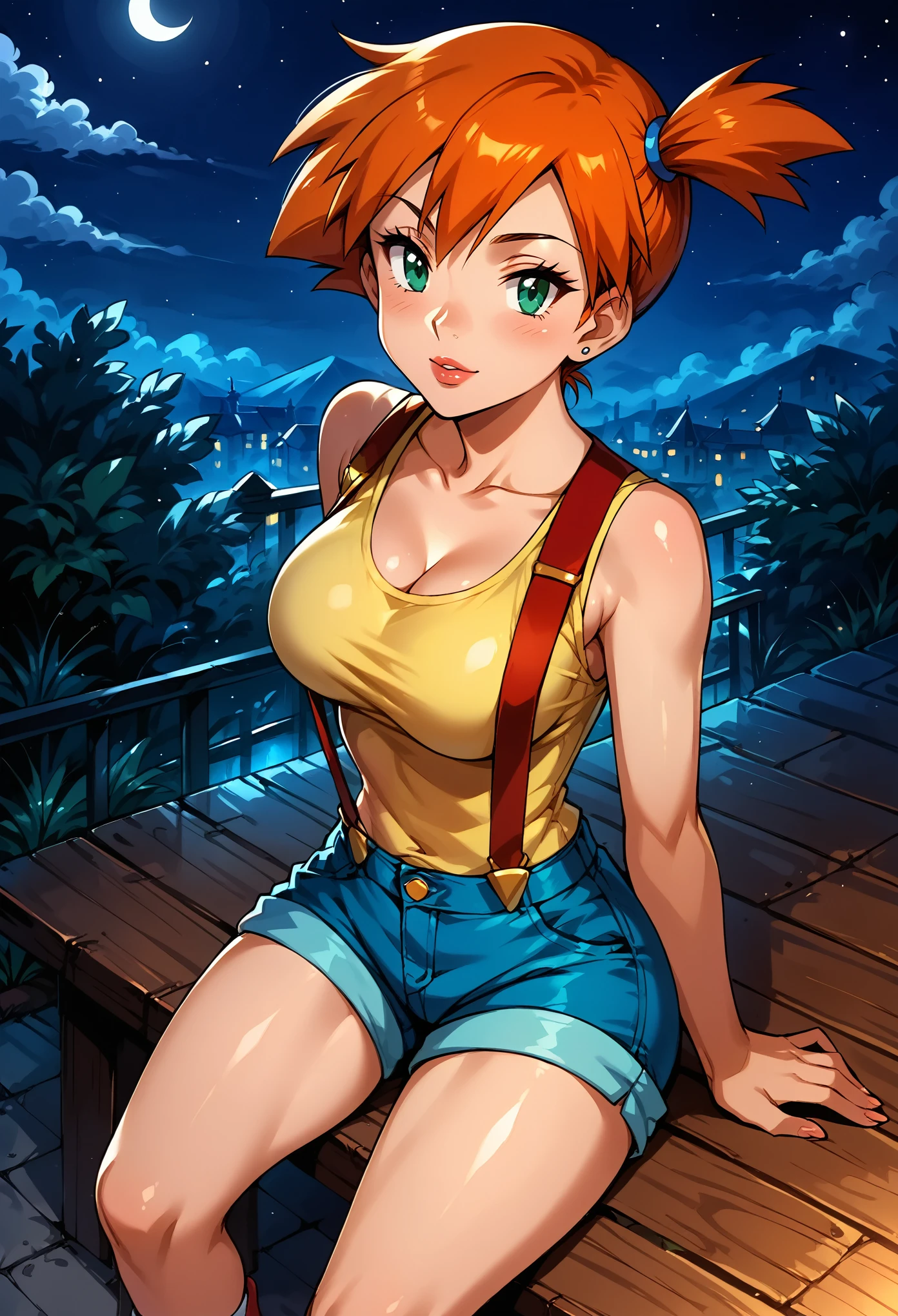 Dark Fantasy Art of score_9, score_8_up, score_7_up, rating_questionable, fantasy, lighting, epiCPhoto BREAK 1girl, mature woman, very sexy (Misty_Pokemon), (short hair, orange hair, one side up hair, green eyes, medium breasts, skinny), BREAK cleavage, (yellow t-shirt, tight sleeveless t-shirt, red suspenders:1.3), blue shorts, red sneakers, BREAK solo, cute, flirt, gaze, sexy look, half-closed eyes, head tilt, filled lips, thick lips, makeup, BREAK face portrait, modelling shoot, sexy pose, sitting, knees bent, fantasy rooftop setting, BREAK dark, moody, dark fantasy style, (night, moonless night:1.2), high angle.