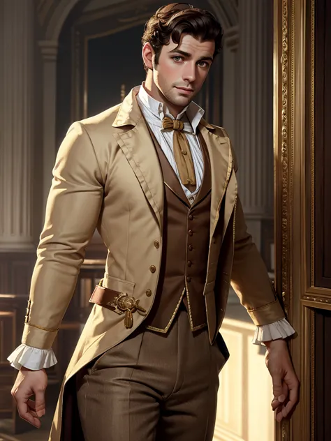 male, british, regency era, bridgerton, jonathan bailey', muscles, big pecs ,hairy chest, handsome face. wearing regency era sui...