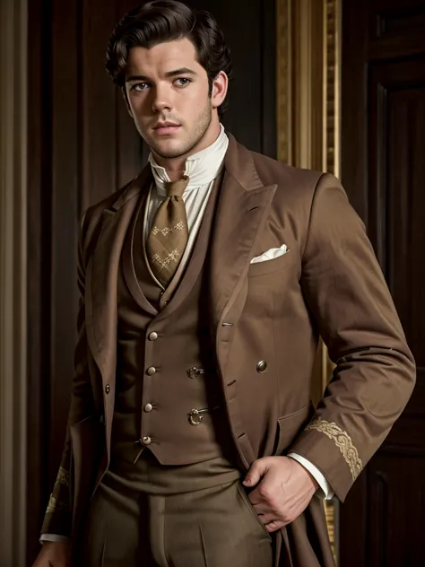 male, british, regency era, bridgerton, jonathan bailey', muscles, big pecs ,hairy chest, handsome face. wearing regency era sui...