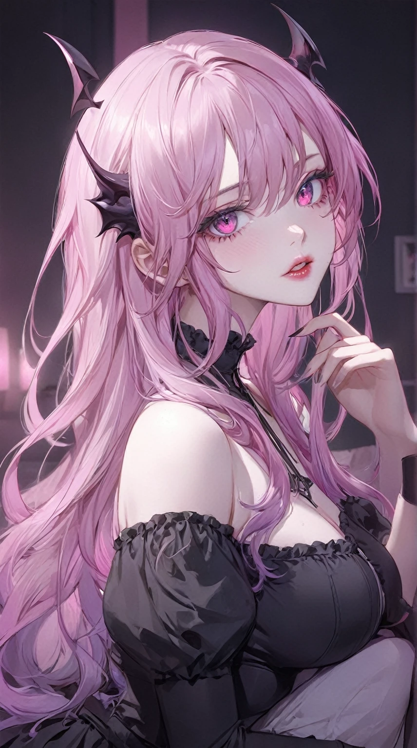 anime girl with pink hair and black top posing for the camera, demon anime girl, guweiz, artwork in the style of guweiz, gapmoe yandere grimdark, seductive anime girl, gothic maiden anime girl, anime girl, anime illustration, digital anime illustration, anime vibes, yandere, beautiful anime portrait, detailed digital anime art, clean detailed anime art