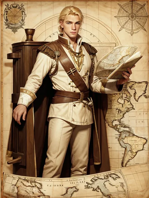 a young handsome blond hunk captain of a ship in period clothes and an old map. i could hold the wheel or unfold the map.