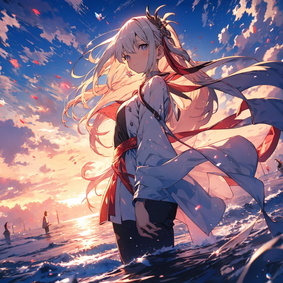 Anime girl walking near a cliff, Beautiful fantasy anime, high detailed Official Art, Silver-haired god, Shadowverse Style, Anime Goddess, Nightcore, Detailed Key Anime Art, Official Art, Masterpiece Goddess of Beauty, Anime fantasy illustration, Detailed digital anime art, Epic light novel art cover, From the Arknights video game, Anime fantasy artwork, Calm background, Bright white moon, white beach dress, View of the sea