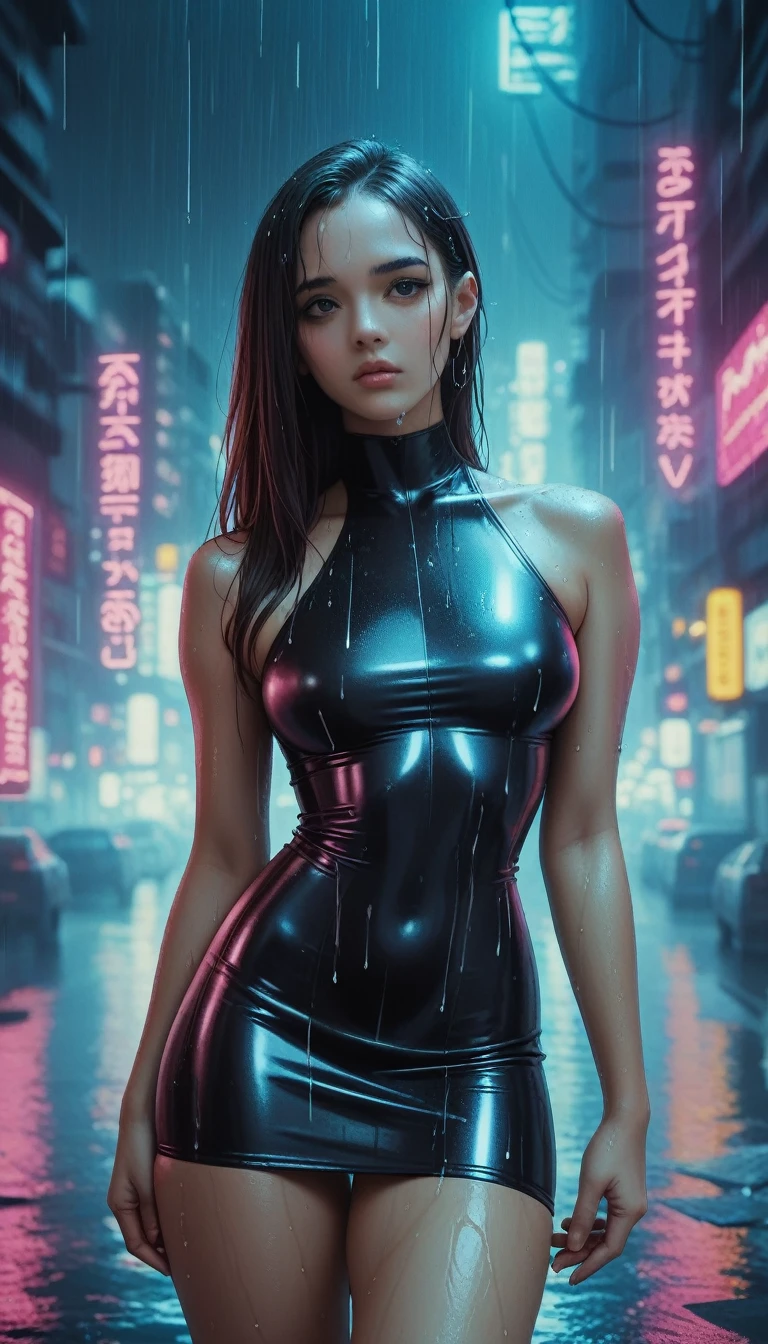 "A young and beautiful half-naked woman walks through a cyberpunk city, dressed in a tight black latex dress that shines under the neon lights. Her figure is slender and perfectly defined., with curves highlighted by the tight material of her clothes. The environment around you is dark and rainy., with wet streets reflecting the lights of holograms and neon signs. Her skin has a subtle glow, as if slightly wet from the rain, while her long, straight hair falls over her shoulders. The details are photorealistic, with a cinematic quality that captures every aspect of his appearance and the technological and futuristic world he finds himself in.."