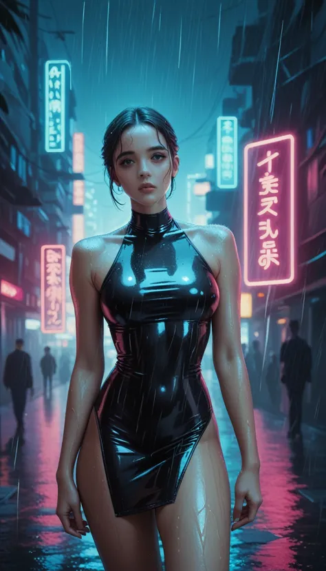 "a young and beautiful half-naked woman walks through a cyberpunk city, dressed in a tight black latex dress that shines under t...