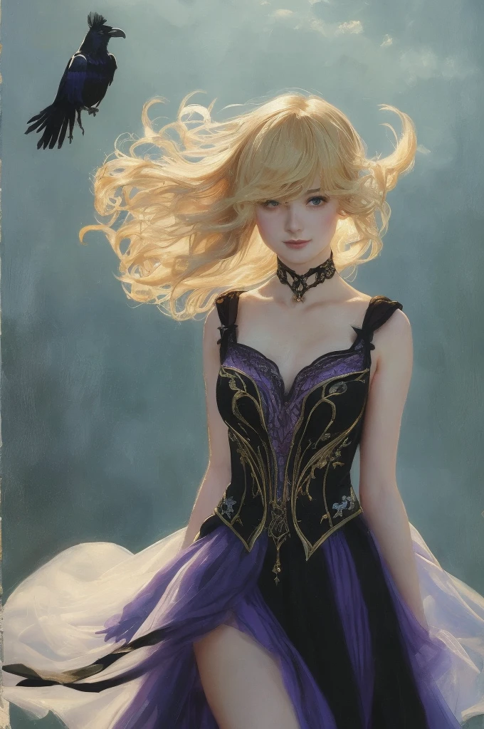 In realistic oil painting portrait of high quality and detail, Fischl (Genshin Impact), Classicism, Waist, modern style, full-length, dark and mysterious atmosphere, glow, eye shadow, 1girl, thriller fantasy, Depth & Perspective, smiling face, a short girl with a petite build. Her skin is pale, her eyes have a grassy green hue, and her blonde hair is tied with black ribbons on the sides. The girl's left eye is hidden by a black blindfold. The princess of condemnation wears a black bodysuit with a cascade skirt. The dress has translucent and purple inserts, as well as embroidery in the form of crosses. It is attached to the neck with a lace collar with a purple bow. Fischl wears translucent black gloves with purple elastic bands on the shoulders, and stockings on her feet, one of which is attached to the dress with suspenders, and black low-heeled shoes. A blue raven on her shoulder, Mystical powers, sadness face, fine face, outdoors, blue sky, white cloud, looking at viewer, (ultra-high detail:1.2), Masterpiece, Best Quality, Ultra-detailed, Cinematic lighting, 8K, delicate features, cinematic, 35 mm lens, f/1.9, highlight lighting, global lighting –uplight –v 4, cinematic, intense gaze, Cinematic lighting, 8K, high quality, Highest Quality, (Solo Focus), (extremly intricate:1.3), (Realistic), dramatic, masterful, Analog style, (Film grain:1.5), (warm hue, cold tone)