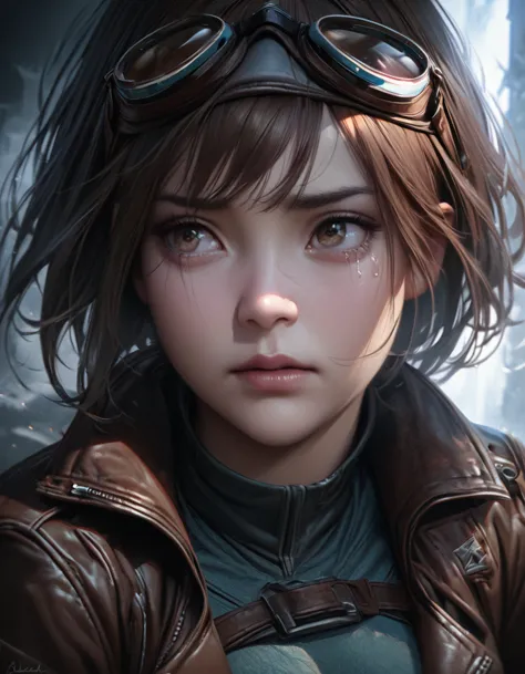 a girl with short brown hair wearing a leather jacket, bodysuit, gloves, and goggles, looking sad with a hint of tears, detailed...