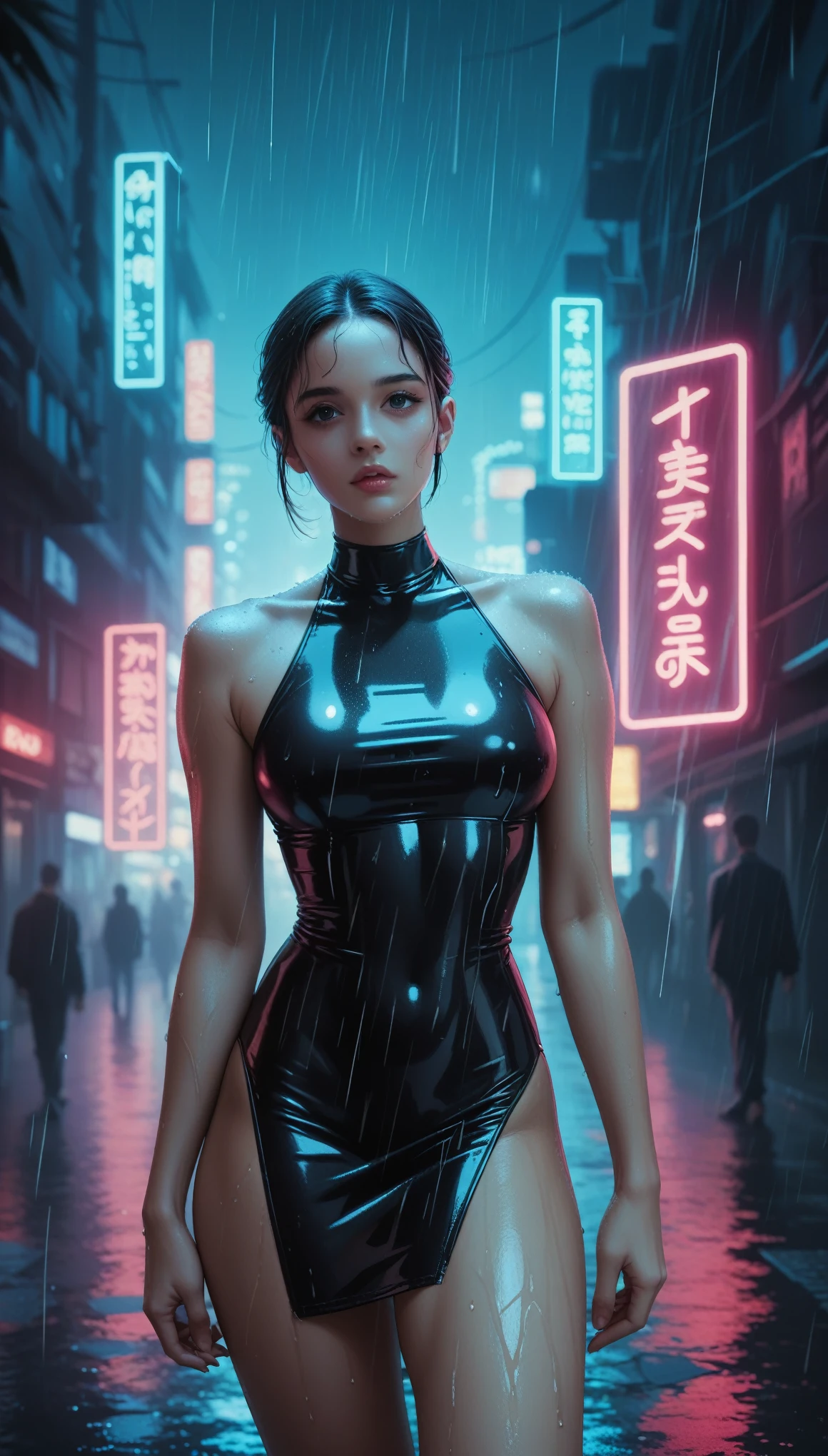 "A young and beautiful half-naked woman walks through a cyberpunk city, dressed in a tight black latex dress that shines under the neon lights. Her figure is slender and perfectly defined., with curves highlighted by the tight material of her clothes. The environment around you is dark and rainy., with wet streets reflecting the lights of holograms and neon signs. Her skin has a subtle glow, as if slightly wet from the rain, while her long, straight hair falls over her shoulders. The details are photorealistic, with a cinematic quality that captures every aspect of his appearance and the technological and futuristic world he finds himself in.."