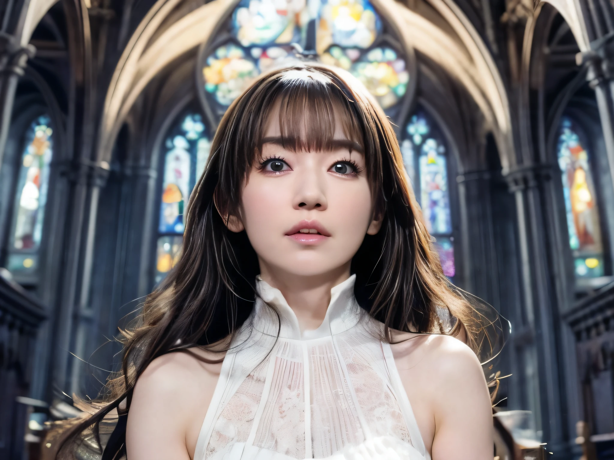 ultra HD, masterpiece, Highest quality, Just One Girl, very pretty, praying,Nice face, Detailed eyes, Lol, Glossy Lips, Detailed eyes, Mid-chest, beautiful, sweet, sun glare, Turtle neck white  dress, Depth of written boundary, Blurred Background, with a cathedral background, Particles of light, very Long Hair、bangs,At church