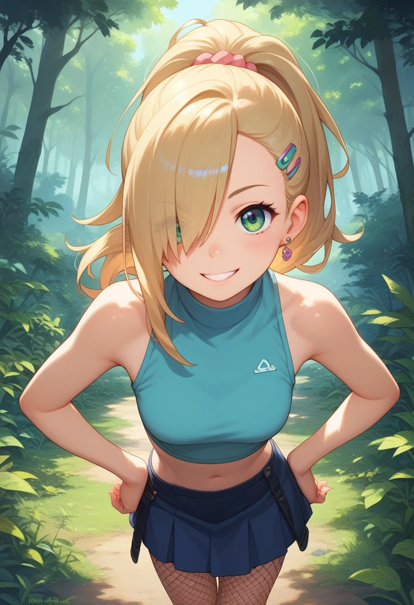 solo, 1girl, yamanaka ino, smile, looking at viewer, hand on hip, leaning forward, hair over one eye, ponytail, hairclip, crop top, sleeveless, skirt, fishnets, earrings, outdoors, forest 