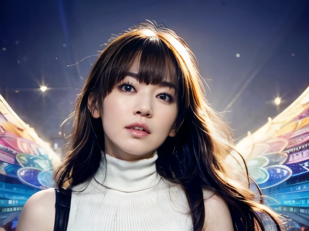 ultra HD, masterpiece, Highest quality, Just One Girl, very pretty, praying,Nice face, Detailed eyes, Lol, Glossy Lips, Detailed eyes, Mid-chest, beautiful, sweet, sun glare, Turtle neck white  dress, Depth of written boundary, Blurred Background, with a cathedral background, Particles of light, very Long Hair、bangs,At church,wing