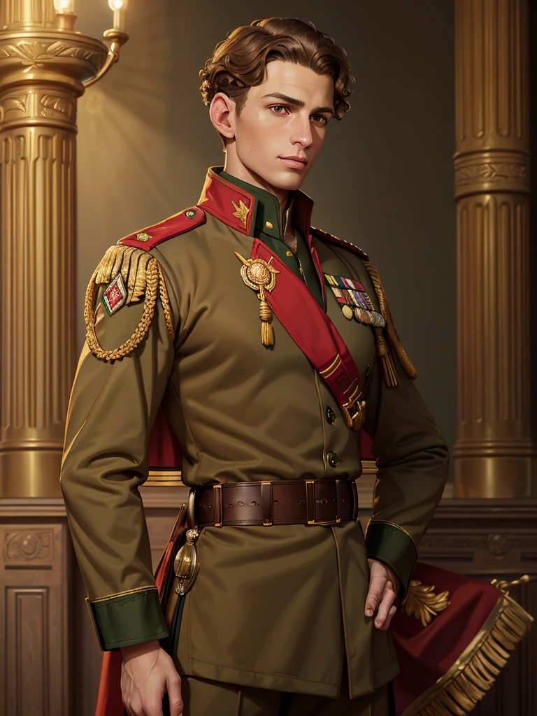 Leyendecker style illustration; Portrait digital painting, (Young man with light brown curly hair in military uniform:1.3), Symmetrical composition, (Calm confident expression:1.2), (Brown eyes looking slightly left:1.2), Olive green jacket with red and gold accents, (Red and green epaulettes:1.3), Golden buttons, Insignia with colored embroidery on left side, Red bird in flight brooch, Richly embroidered gold sash from right shoulder to left hip, Complex golden patterns on black sash, (Historic palace interior:1.2), Decorative arches and columns, Warm atmospheric lighting, Red bird emblem on blurry banner in background.