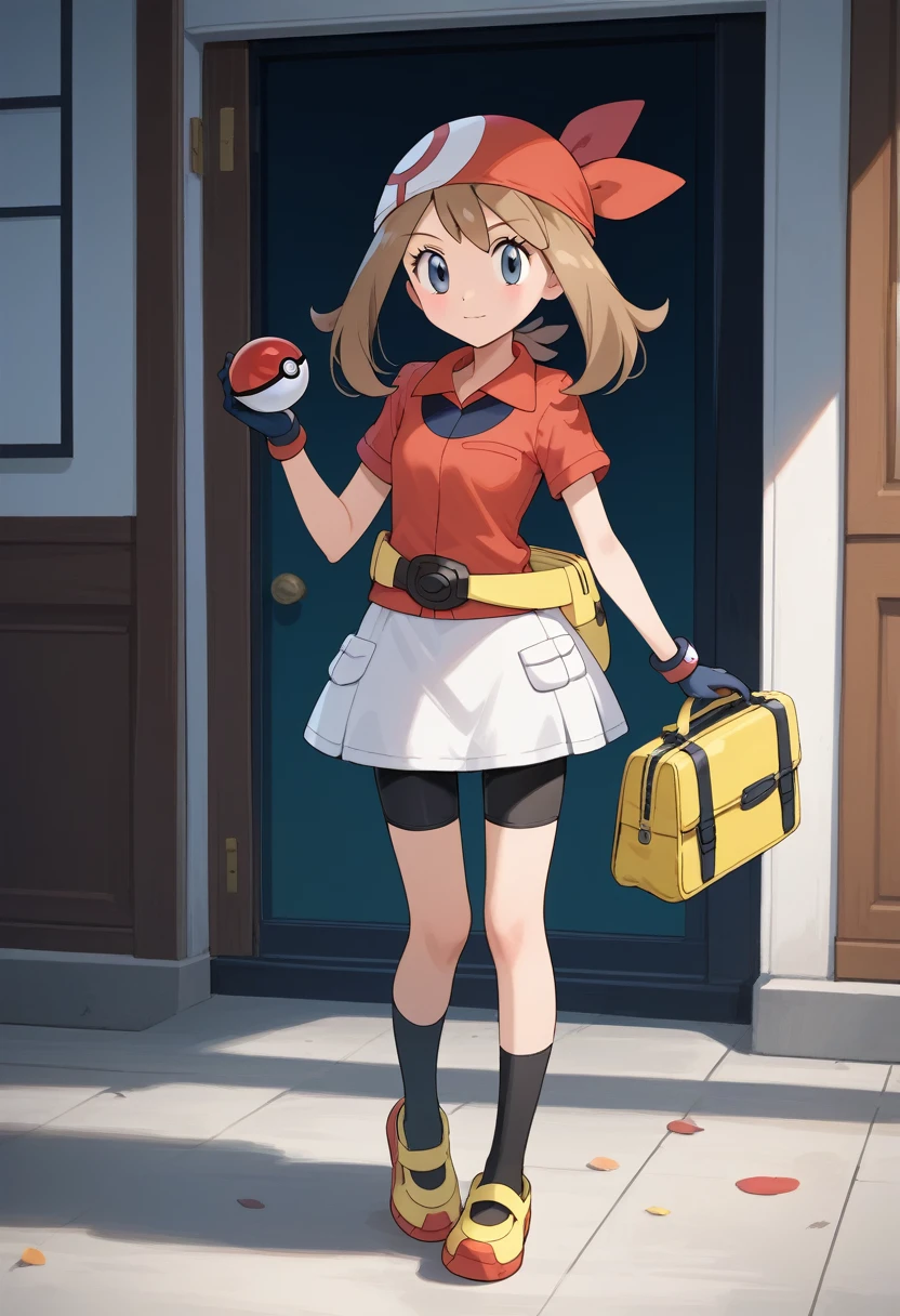 masterpiece,best quality, highly detailed, score_9, score_8_up, score_7_up, score_6_up,source_anime,
BREAK
 may, 1girl, may (pokemon), solo, gloves, bandana, brown hair, holding poke ball, poke ball, holding, standing, bike shorts, black socks, short sleeves, red bandana, grey eyes, shirt, skirt, white skirt, socks, red shirt, full body, fanny pack, closed mouth, shoes, , bangs, yellow bag, collared shirt, knees, long hair, shorts