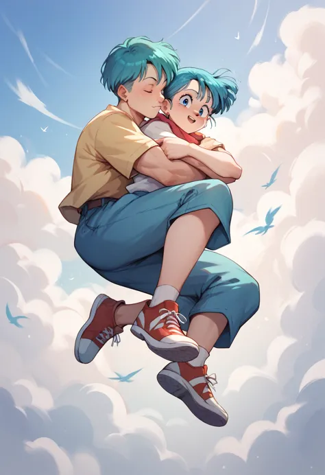 work of art, man flying while carrying bulma in his arms