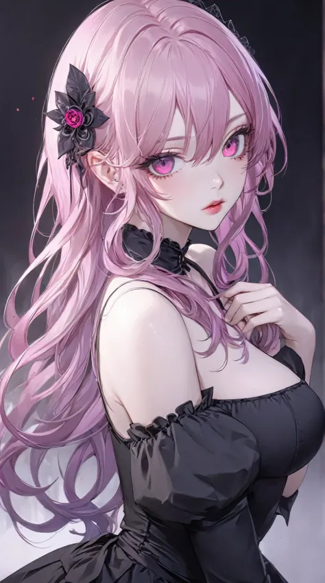 anime girl with pink hair and black top posing for the camera, human anime girl, guweiz, artwork in the style of guweiz, gapmoe ...