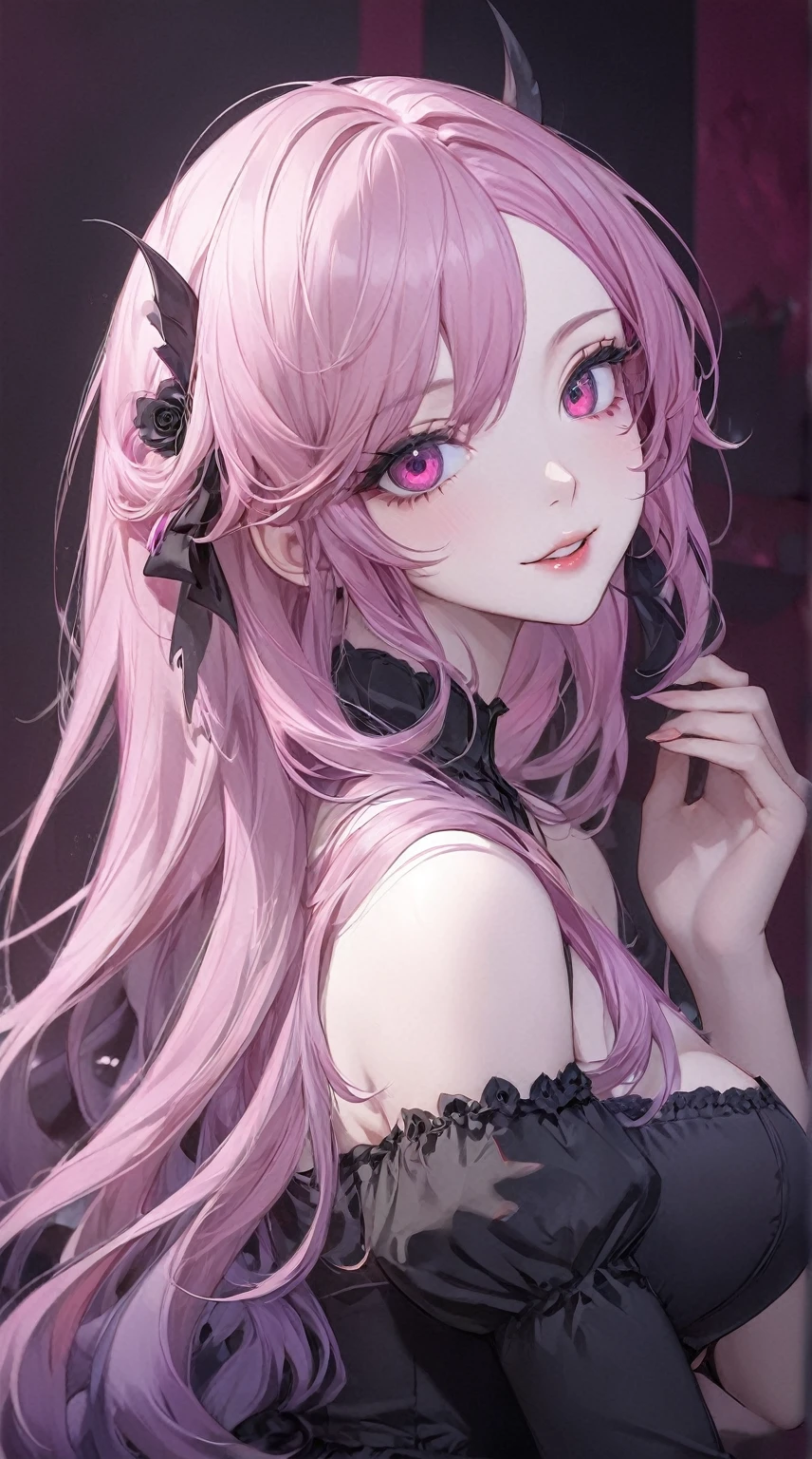 anime girl with pink hair and black top posing for the camera, human anime girl, guweiz, artwork in the style of guweiz, gapmoe yandere grimdark, seductive smile, gothic maiden anime girl, anime girl, anime illustration, digital anime illustration, anime vibes, yandere, beautiful anime portrait, detailed digital anime art, clean detailed anime art