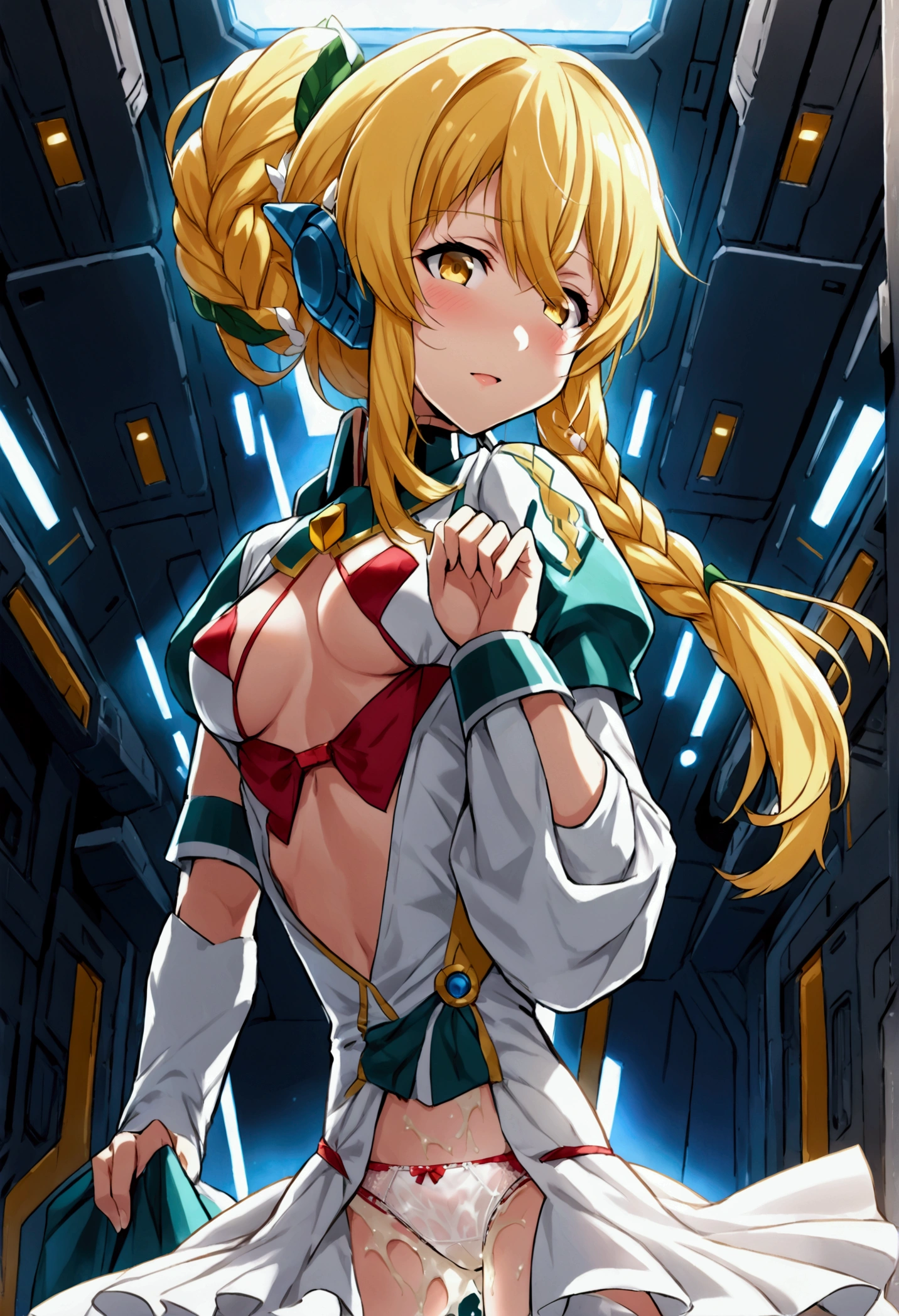 a beautiful detailed portrait of Kudelia Aina Bernstein from Gundam IBO, (Kudelia Aina Bernstein), (wide angle:1.27), (full length portrait:1.37), thigh length yellow hair in a single braid, contrapposto pose, viewing from slightly below, excited facial expression, wearing white formal gown, dress lifted, revealing tight white thigh high boots, glimpse of red thong underneath, round hips, highly detailed, intricate details, cinematic lighting, spaceship hangar Bay interior, BREAK: skirt lift, lifted by self, ballgown, cumip, cum, cum in panties, idropmypanty 