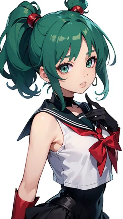 one girl, alone, ponytail, green hair, (elbow gloves), head ornament, dark red bow, tight top, (black sailor collar), white glov...