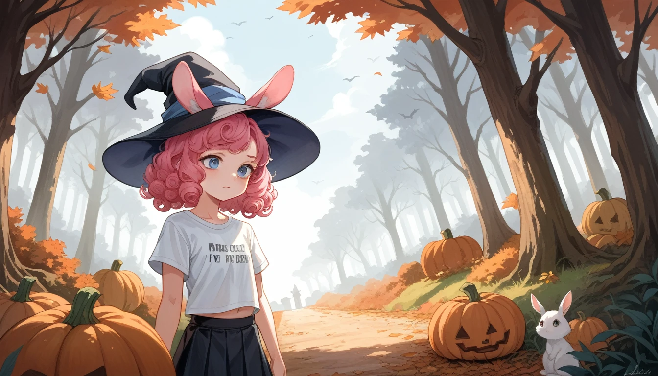 young girl, One girl, emphasis on the face, pink hair, Blue eyes, rabbit ears drooping down, loose white t-shirt, black skirt, Checker, pink hair, witch hat, Medium curly hair, ears are not visible, mysterious forest, A lot of trees, without buildings, Grey sky, soft lighting, contrasting colors, autumn atmosphere, lots of orange, a lot of yellow, pumpkins in the background, candles on the background, clear details, composition with leva, clear quality, No people in the background, Background only, elaborate backdrop, Pencil drawing, watercolor technique