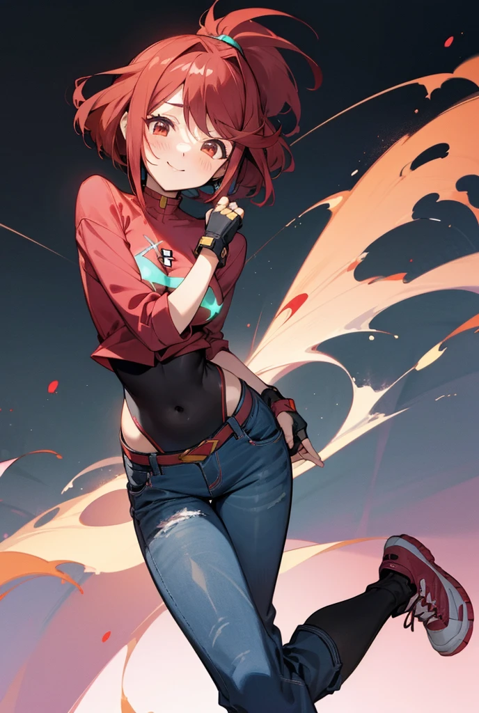 Pyra Homura, reddish hair in ponytail, long-sleeved shirt, jeans, sneakers, fingerless gloves, reactive and cute woman, provocative and affectionate demeanor, friendly and daring smile at the same time, noticeably in love, slight blush, provocative pose 