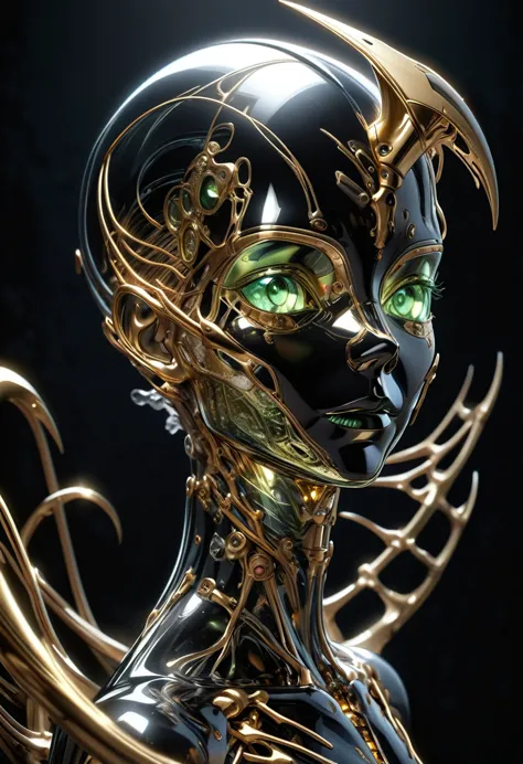 a highly detailed 3d cg concept art portrait of an organic android with a crystal glass transparent body, the android has a completely gold-plated metallic humanoid head with beautiful green eyes, no hair, and the body below the neck is made of colorless transparent crystal glass revealing a beautiful golden skeletal structure inside, the right hand has a large golden two-pronged claw, the background is pitch black darkness, (cowboy shot:1.2), (best quality, masterpiece, ultra-detailed, 8k, photorealistic, dramatic lighting, professional photography, award-winning:1.5)、translucent、