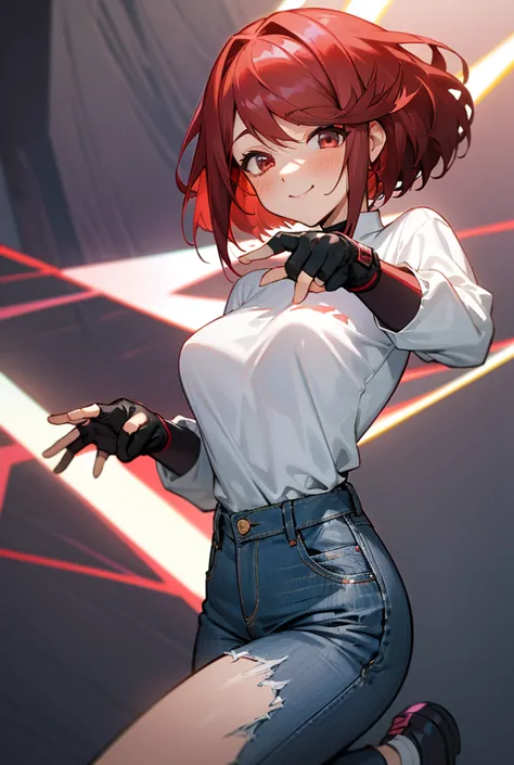 pyra homura, reddish hair in ponytail, white shirt with dark long sleeves, jeans, sneakers, fingerless gloves, room stage, woman...