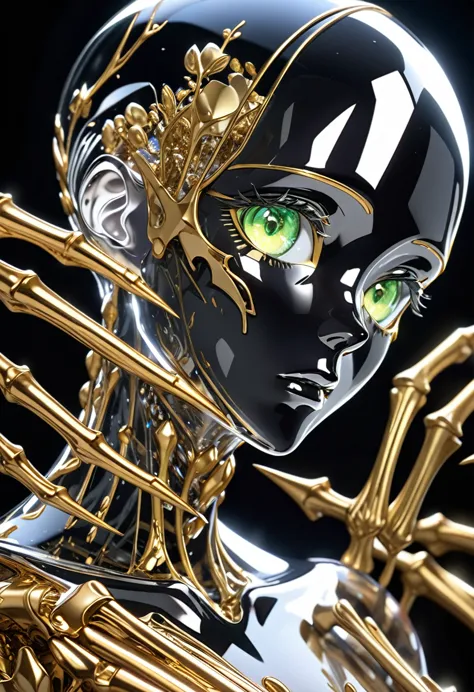 Ultra-high resolution 3DCG concept art.Portrait of an android made of clear crystal glass、The android has a humanoid head with all of its head beautifully plated in gold.、Green Eyes、The head has no hair and is very smooth.、From the neck down, everything is made of colorless, transparent crystal glass that resembles a very beautiful human body.、The beautiful golden skeleton inside, resembling a human bone, is visible through the crystal glass.、His right hand is a large, circular, forked claw, plated with gold.。Feeling scared、Pitch black background、A pose that seems to attack the viewer from the depths of darkness、(Ultra HD、Masterpiece、Best Quality、8k.:1.5).Ultra Detail、High-quality 3D rendering.A scene from a movie、Dramatic Lighting、Professional photography resolution、Award-winning、