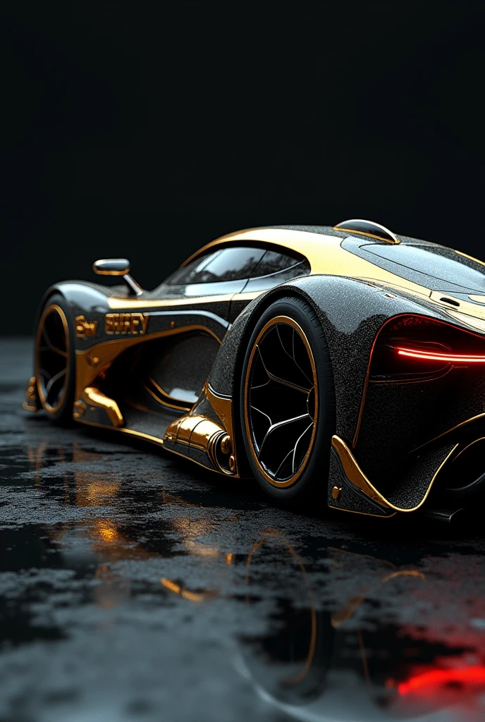 a futuristic Super Car Made of Steampunk Parts, Luxurious, Black and Gold, Azani Wheels on a Wet Black Surface