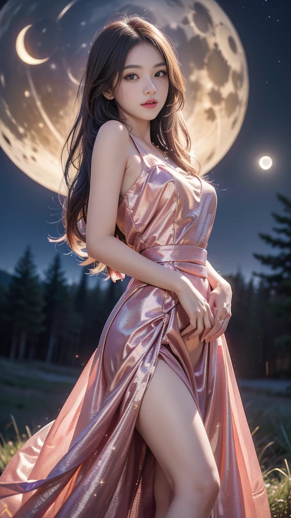 ulzzang-6500-v1.1, (RAW photo: 1.2), (Real photo), (Real photo: 1.4), 1 girl、Perfect anatomy、1、Looking at the camera、Medium length hair、elegant evening dress, on the pine hill at night, with stars and moon, ((on the pine hill at night: 1.1))、(Business service)、Asian eyes Ella,