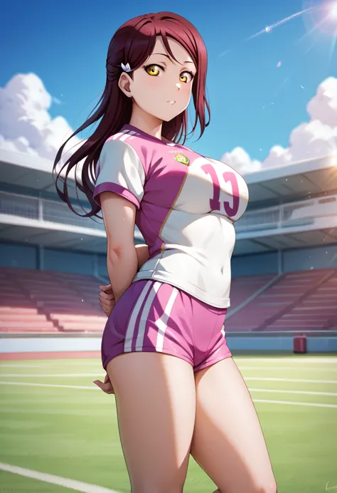 masterpiece, best quality,realistic anime art, solo, wearing soccer clothes,large breasts ,dark red hair ,short sleeves, thighs,...