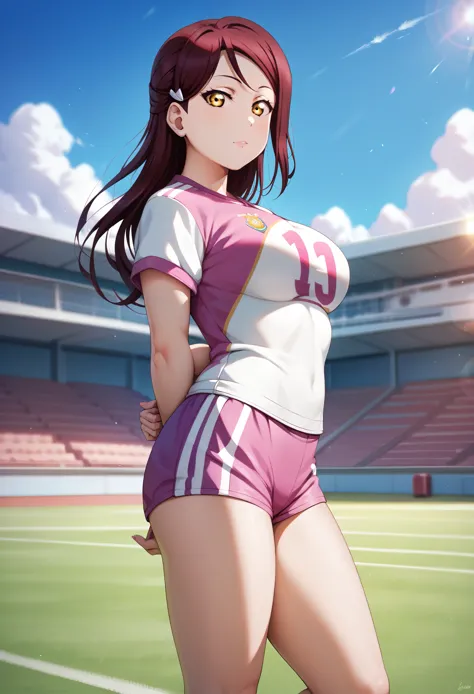 masterpiece, best quality,realistic anime art, solo, wearing soccer clothes,large breasts ,dark red hair ,short sleeves, thighs,...