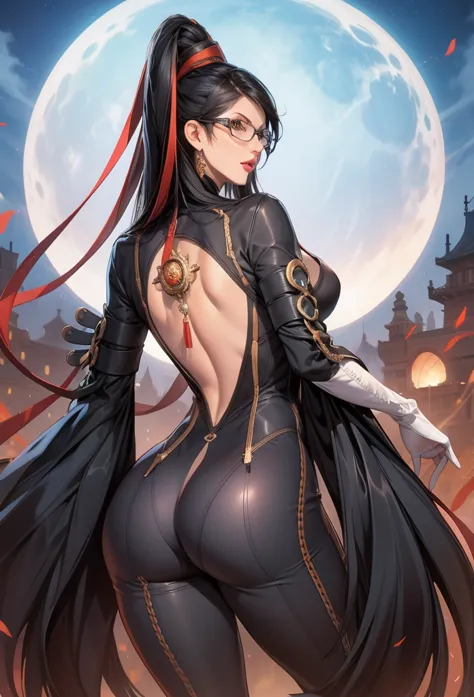 perfect eyes:1.2, detailed eyes:1.4, bayonetta_1_aiwaifu, long hair, black hair, glasses, grey eyes, mole under mouth, breasts, ...